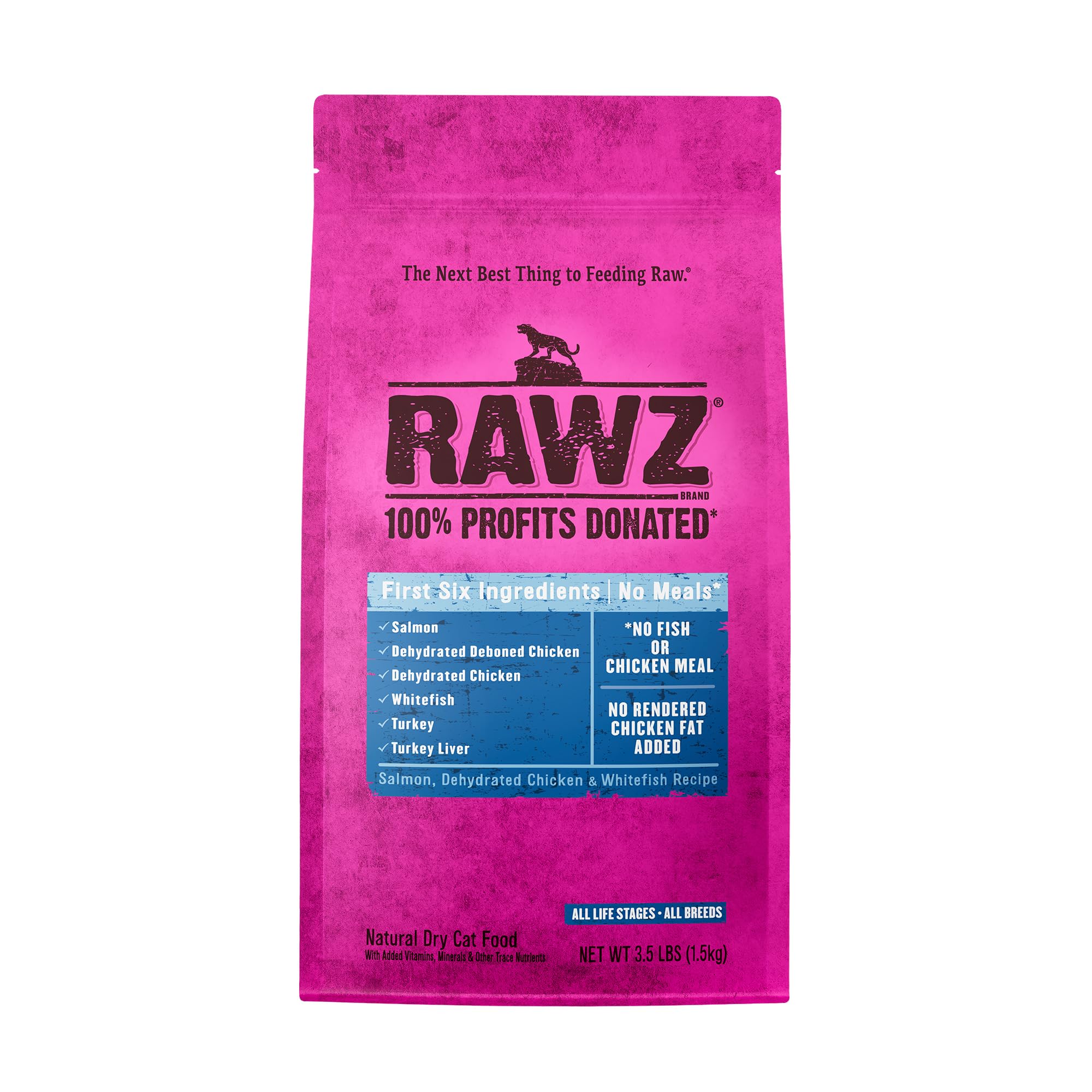 Rawz salmon-dehydrated-chicken-whitefish kibble in a bowl highlighting high-protein cat meal.