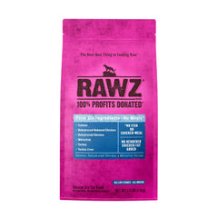 Rawz salmon-dehydrated-chicken-whitefish kibble in a bowl highlighting high-protein cat meal.