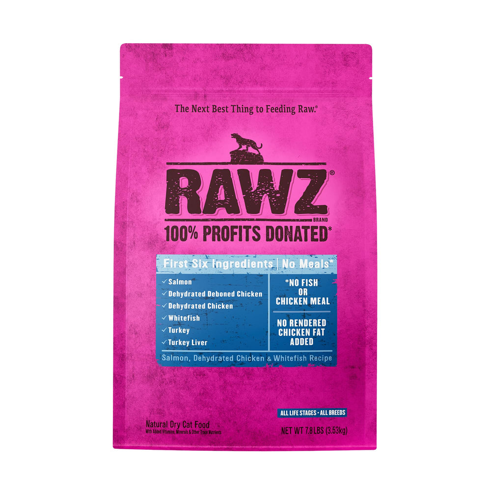 Rawz salmon-dehydrated-chicken-whitefish-kibble closeup shows high-protein bites for active cats.