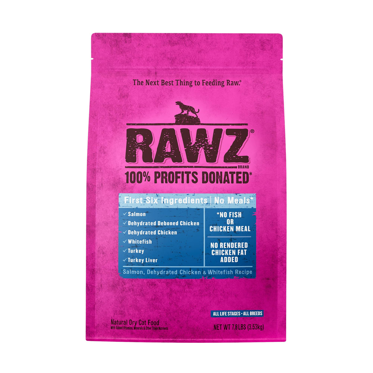 Rawz salmon-dehydrated-chicken-whitefish-kibble closeup shows high-protein bites for active cats.