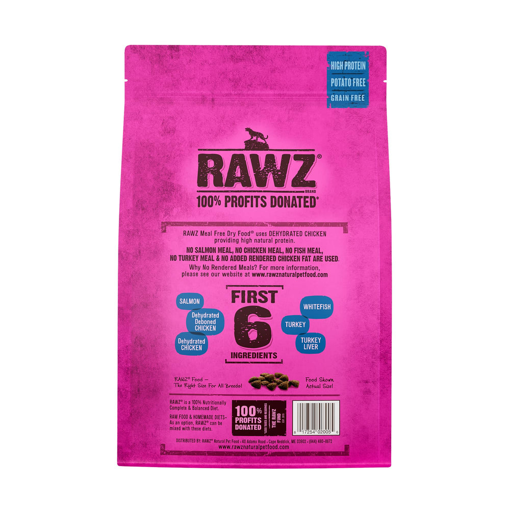 Rawz salmon-dehydrated-chicken-whitefish-recipe-serving-bowl highlights grain-free, potato-free dinner appeal.