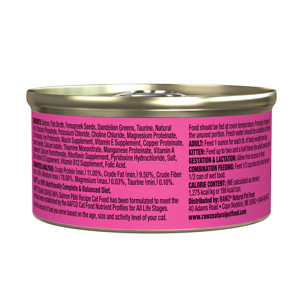 Rawz Salmon Pate opened can close-up shows BPA-free lining and gum-free formulation