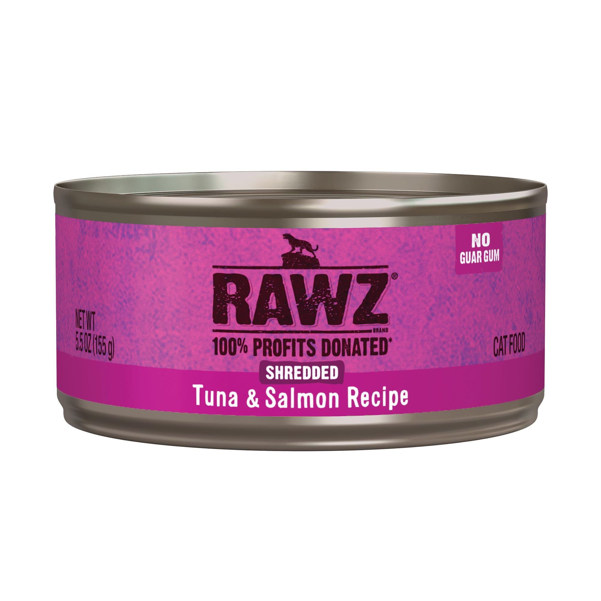 Rawz tuna-salmon shredded cat wet food can closeup shows high-protein first ingredient.