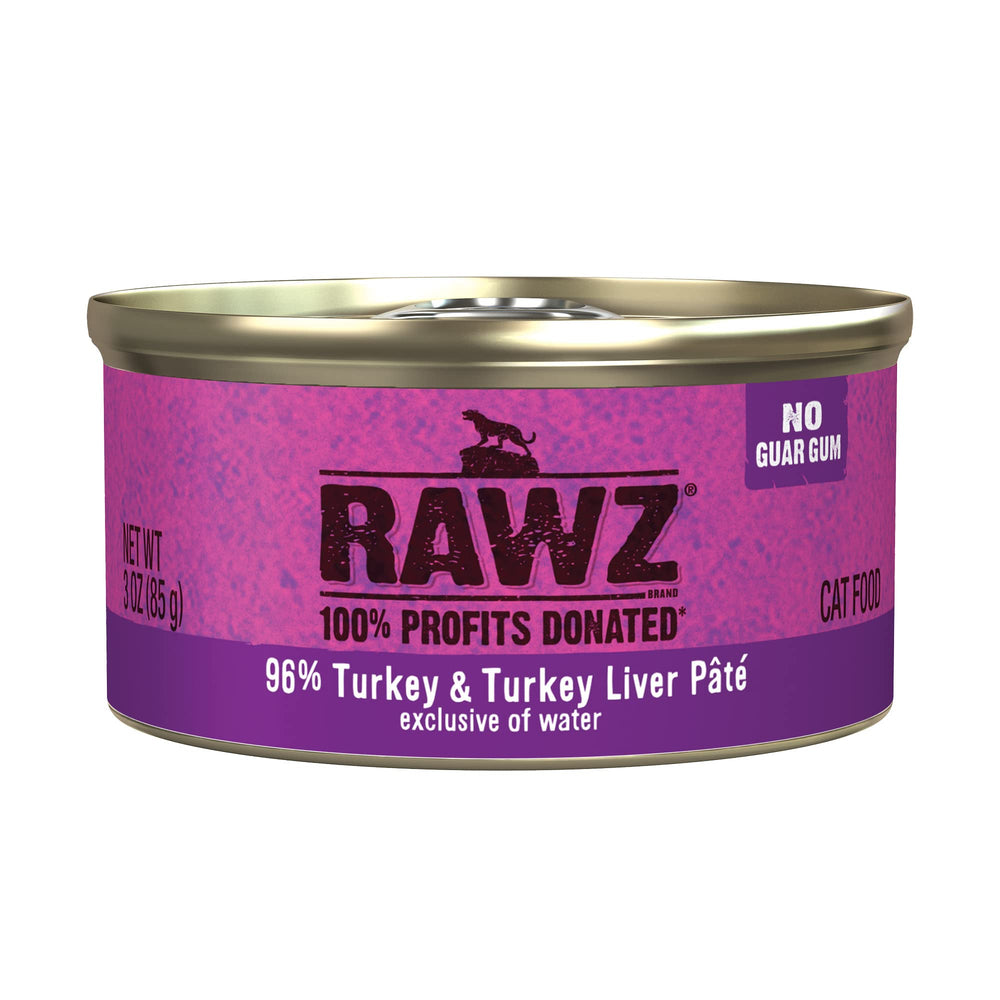 RAWZ turkey pate cat food can label highlights real meat first ingredient for balanced nutrition.