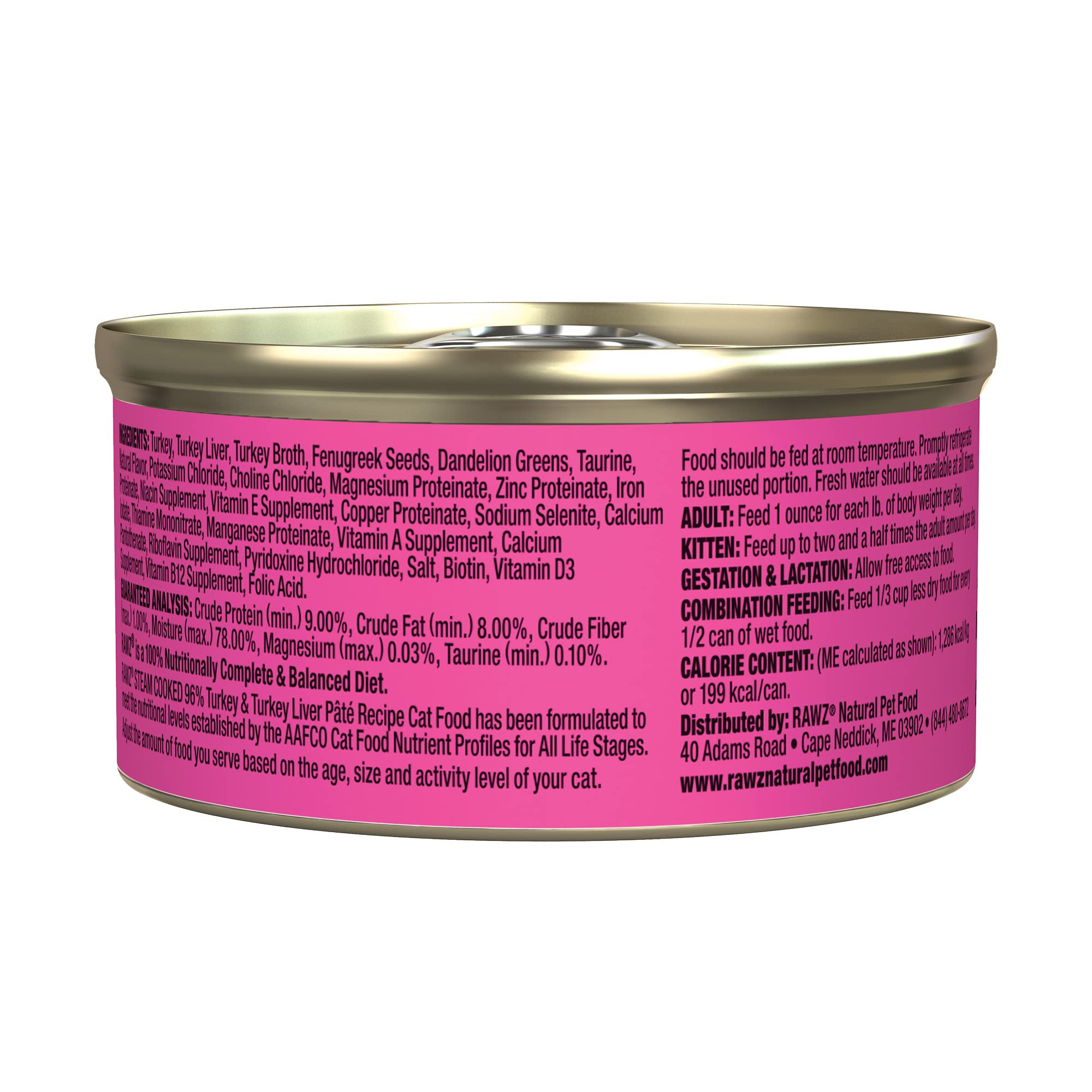 RAWZ turkey pate cat food can open view shows high moisture formula for hydration.