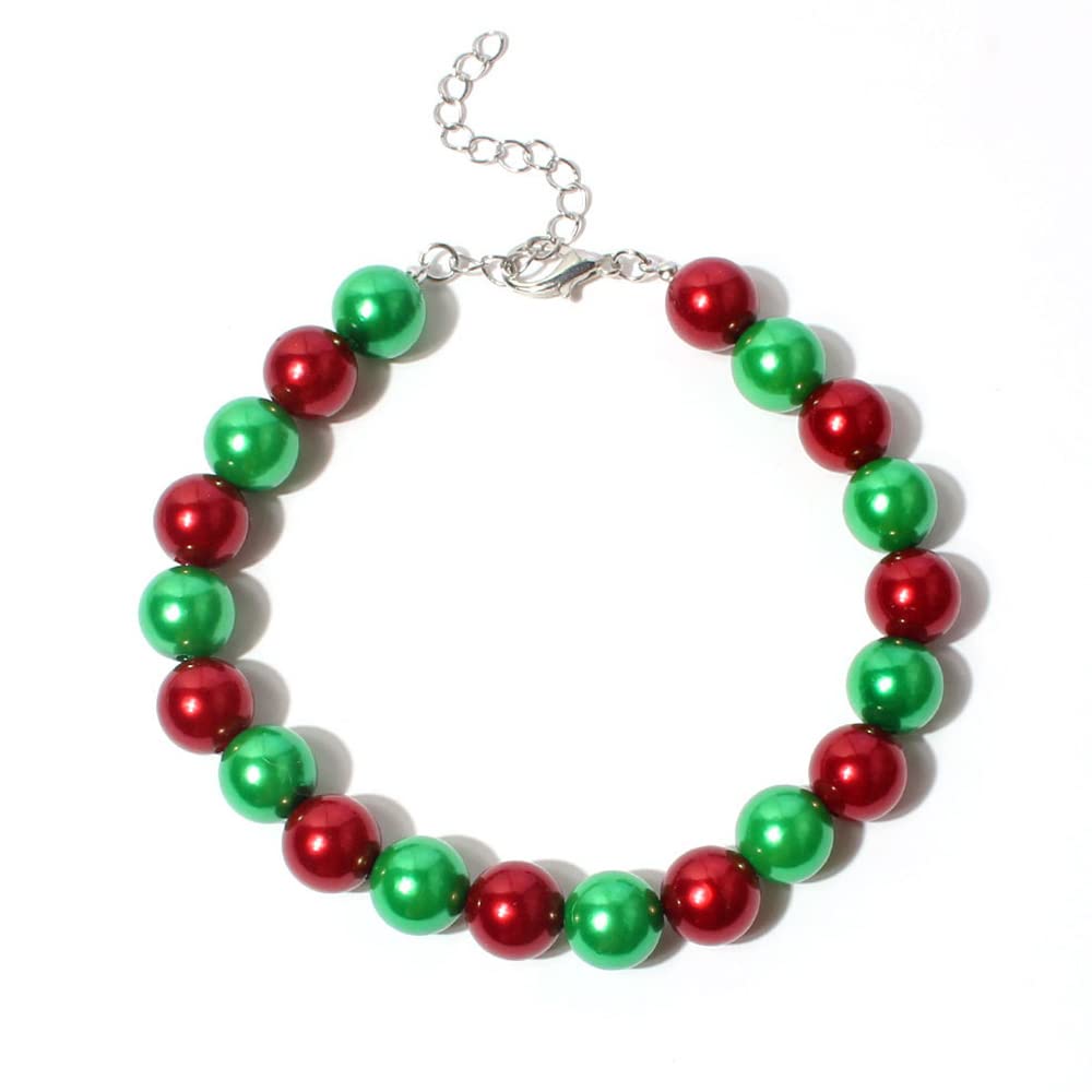 RayMinsino pearl pet necklace green closeup, adjustable fit for stylish holiday outfits.