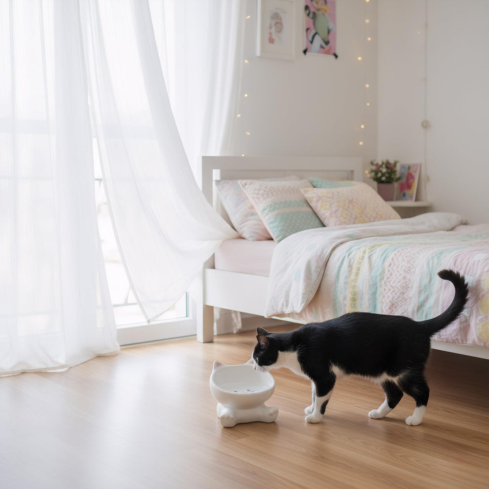 Raytrue-X dining-area-ready elevated cat bowl fits small spaces