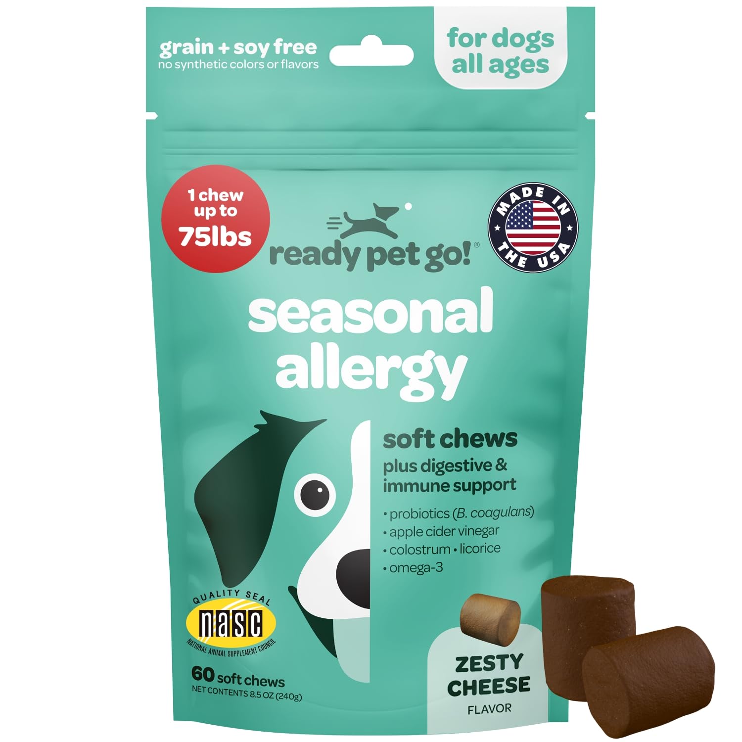 Ready Pet Go allergy chews packaging shows NASC-certified, USA-made quality.