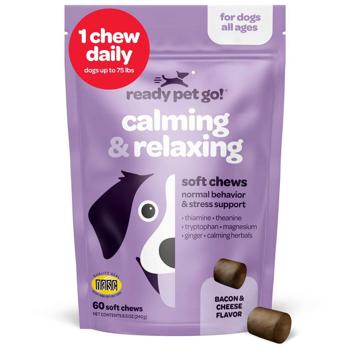 Ready Pet Go calming chews bottle closeup for stress relief and dog relaxation