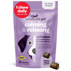 Ready Pet Go calming chews bottle closeup for stress relief and dog relaxation