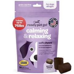 Ready Pet Go! Calming Chews in a dog bowl for relaxed playtime and settling.