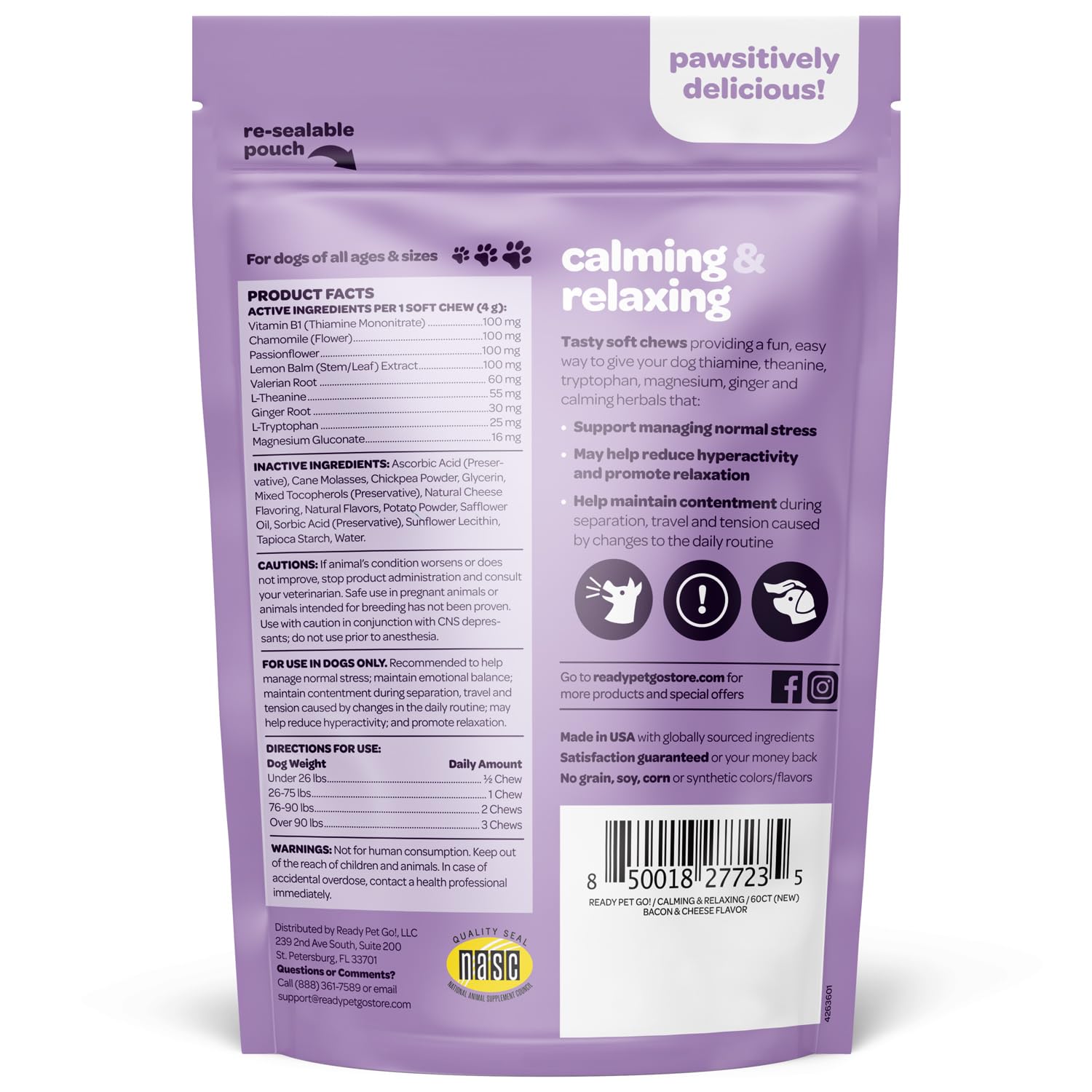 Ready Pet Go dog calming chews packaging showcasing NASC-certified, US-made relaxation support