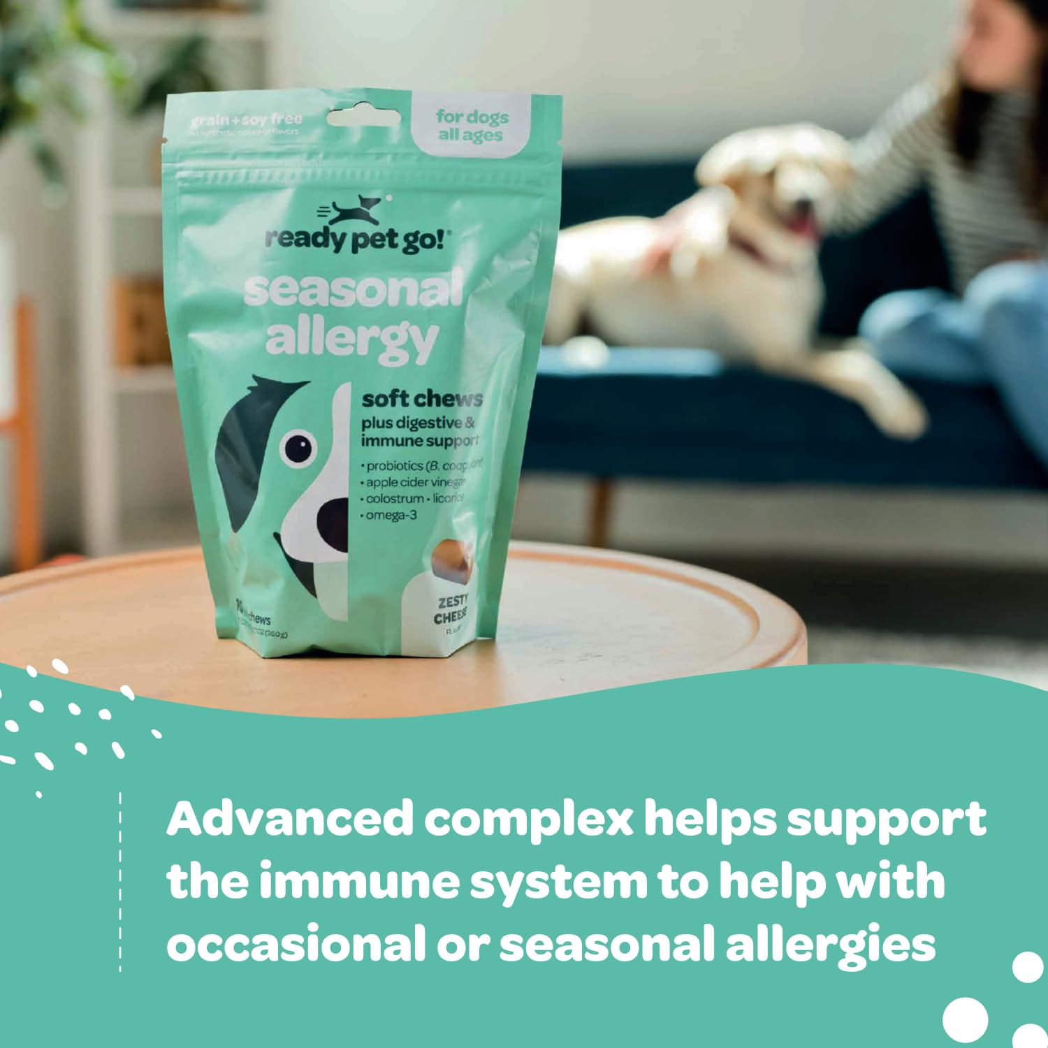 Ready Pet Go Immunity chews image featuring ACV and probiotics for gut balance
