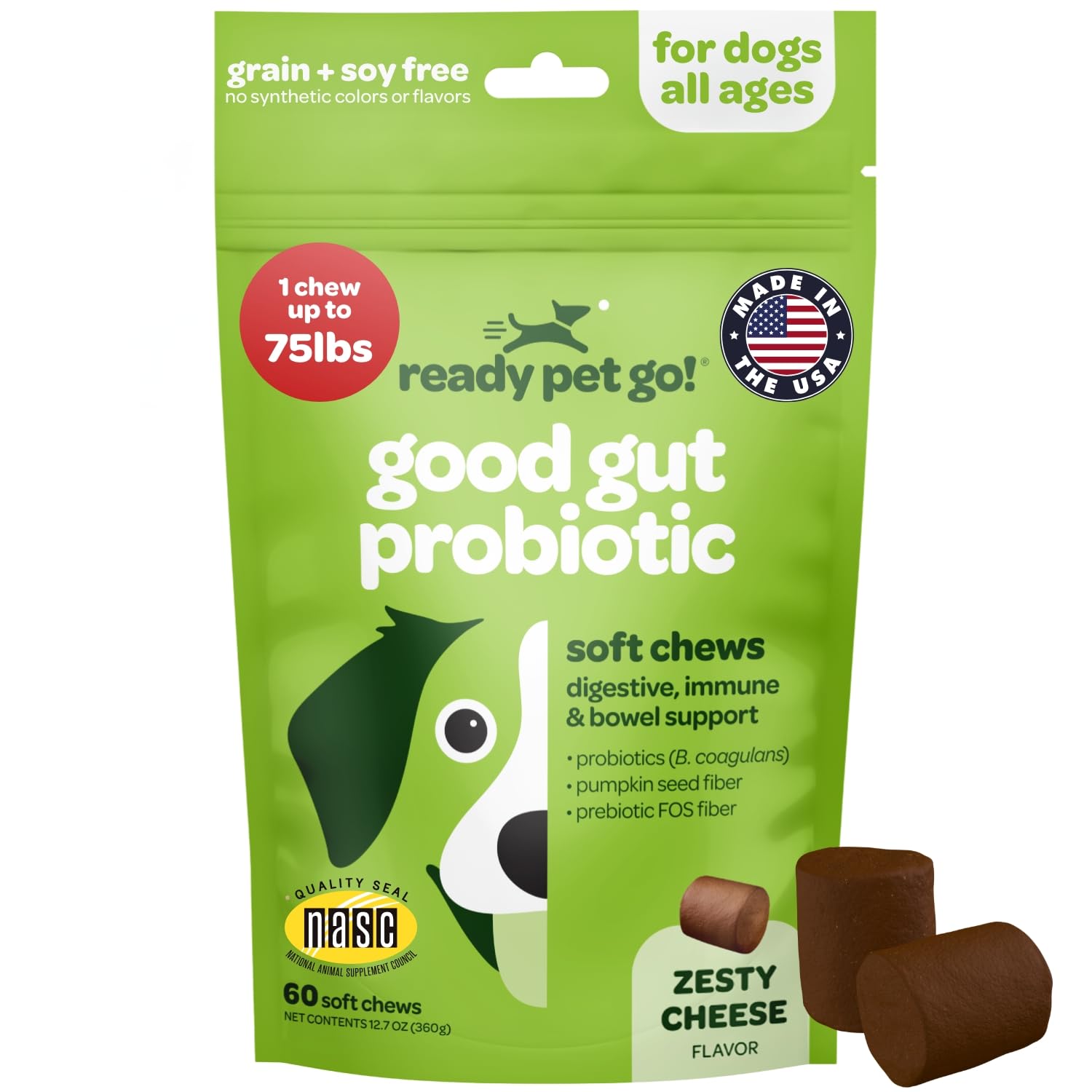Ready Pet Go probiotic chews bottle close-up for digestive support and NASC quality.
