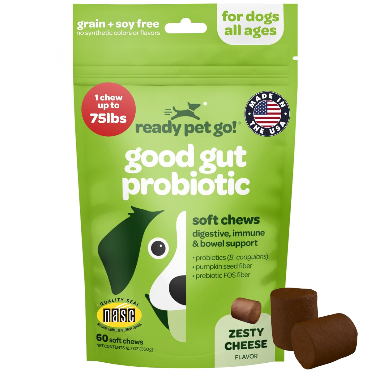 Ready Pet Go probiotic chews bottle close-up for digestive support and NASC quality.