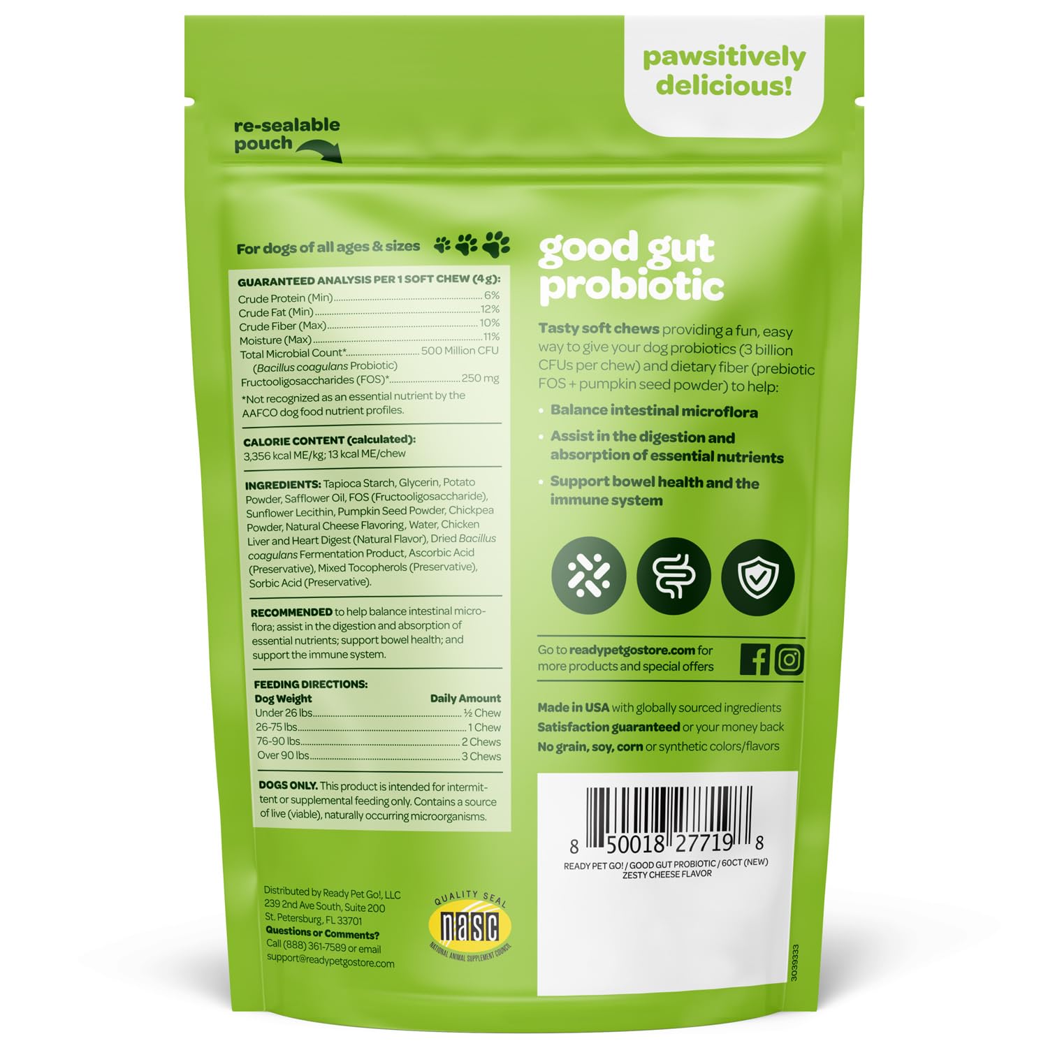Ready Pet Go probiotic chews in a dog bowl for daily gut health.