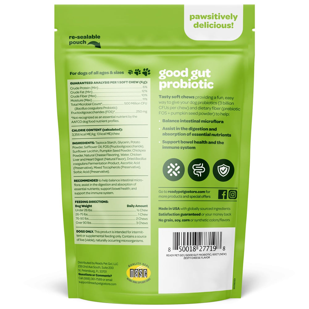 Ready Pet Go probiotic chews in a dog bowl for daily gut health.