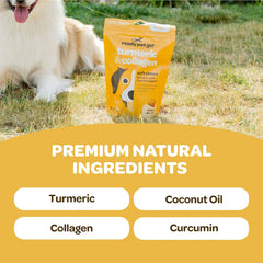 Close-up of Ready Pet Go! turmeric chews showing soft texture and collagen ingredients for mobility.