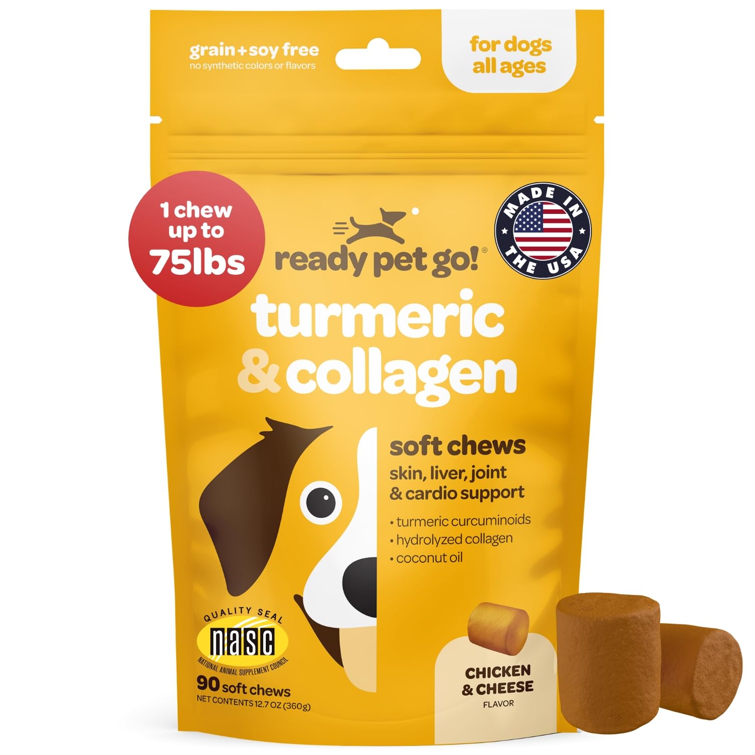 Ready Pet Go! turmeric dog chews packaging emphasizes NASC-certified joint support in tasty soft chews.