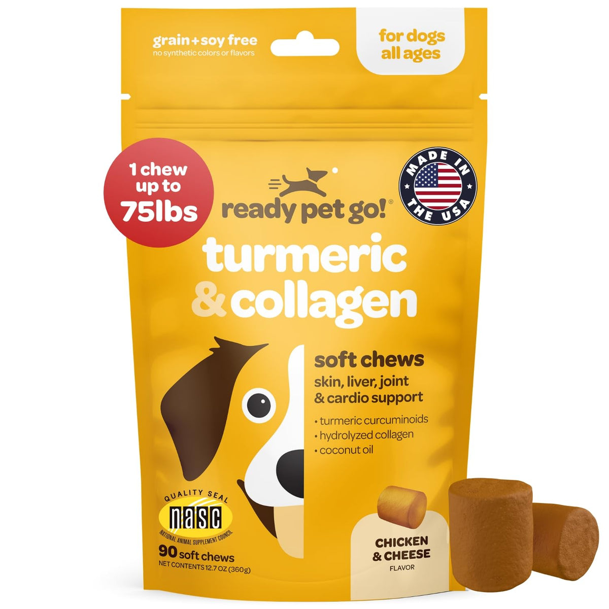 Ready Pet Go! turmeric dog chews packaging emphasizes NASC-certified joint support in tasty soft chews.