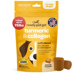 Ready Pet Go! turmeric dog chews packaging emphasizes NASC-certified joint support in tasty soft chews.