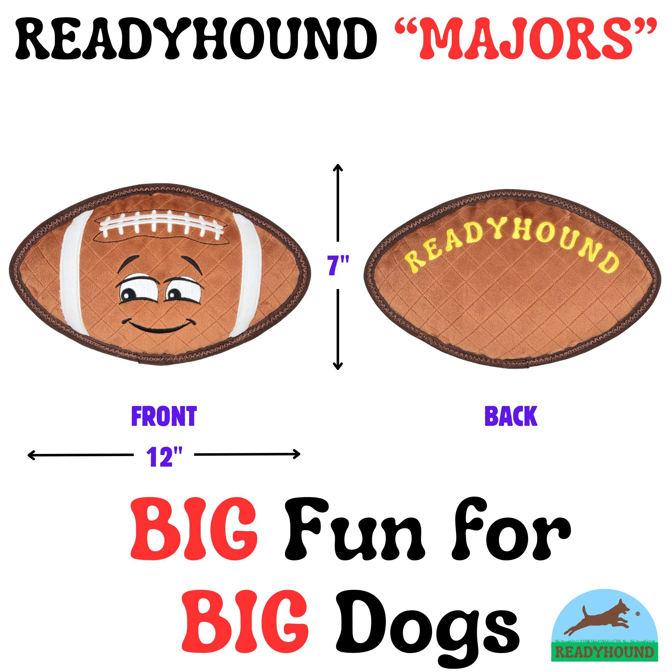 ReadyHound Majors football dog toy stitch-detail shows durable reinforcement for tough play.