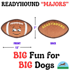 ReadyHound Majors football dog toy stitch-detail shows durable reinforcement for tough play.