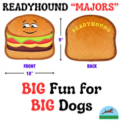 ReadyHound Majors Hamburger Toy side view; puncture-resistant fabric for lasting play