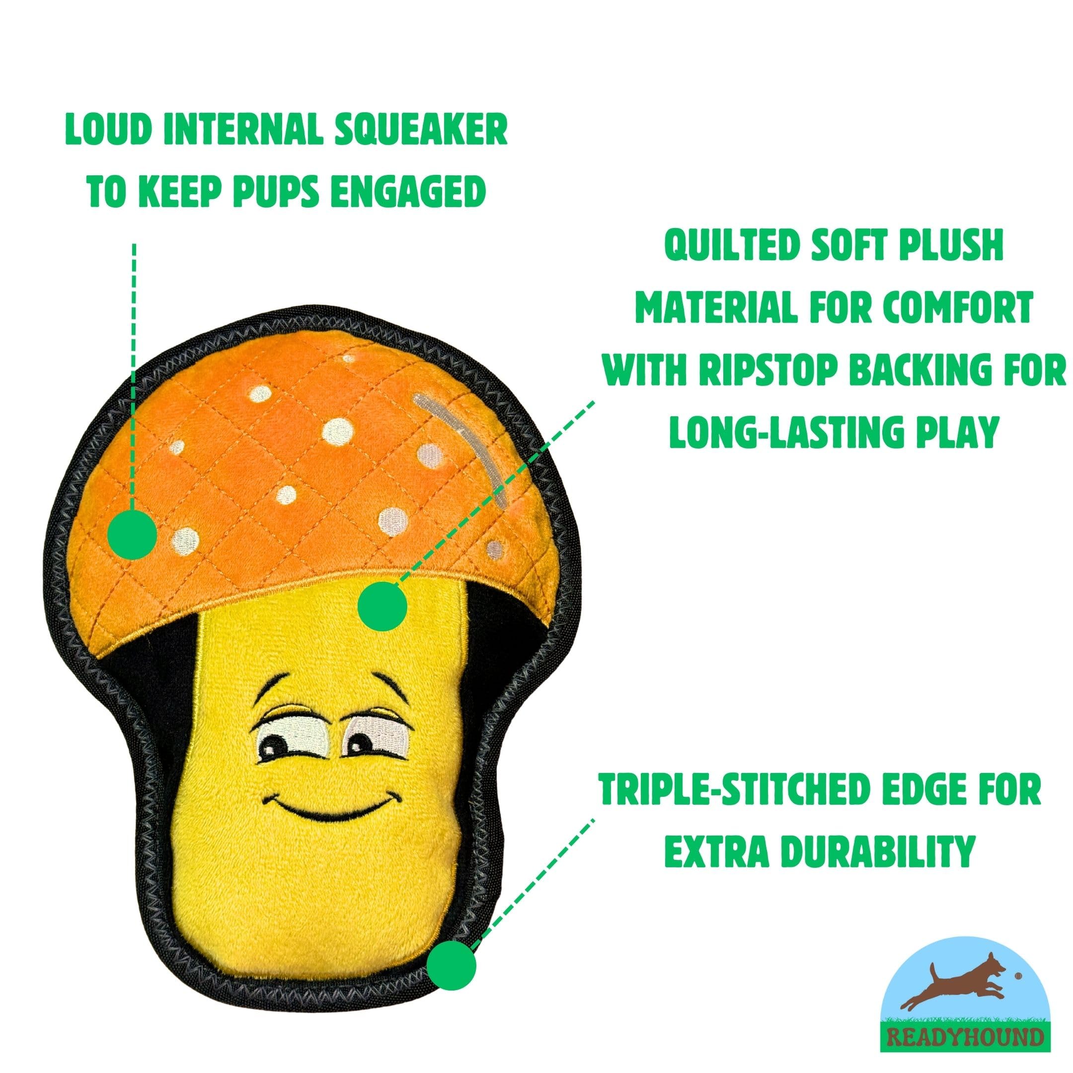 ReadyHound mushroom squeaker interior delivers engaging sound during playful fetch and tug.