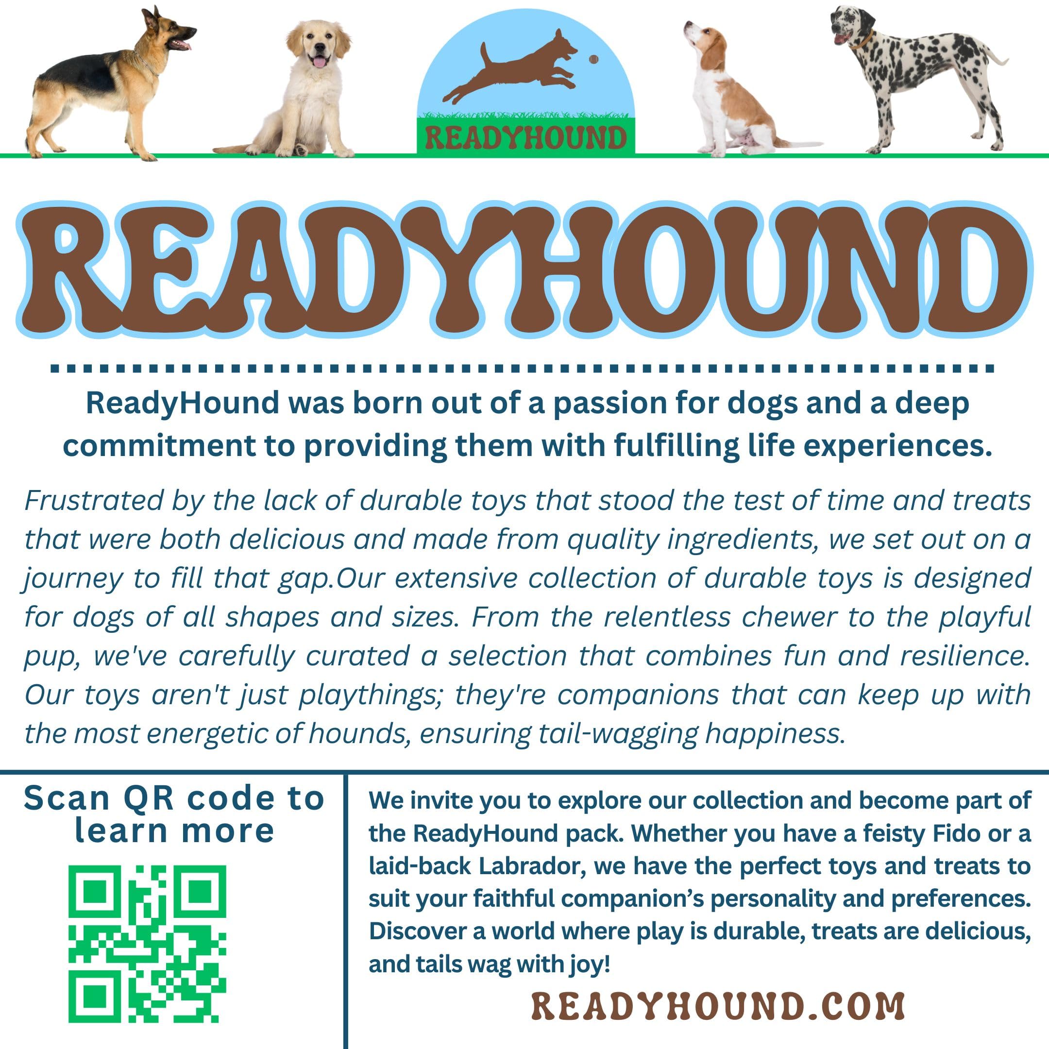 ReadyHound mushroom toy varied-sizes-use-case illustrates compatibility for puppies to large dogs.