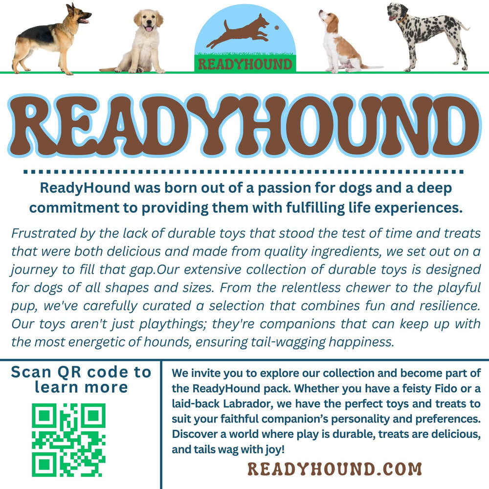 ReadyHound mushroom toy varied-sizes-use-case illustrates compatibility for puppies to large dogs.