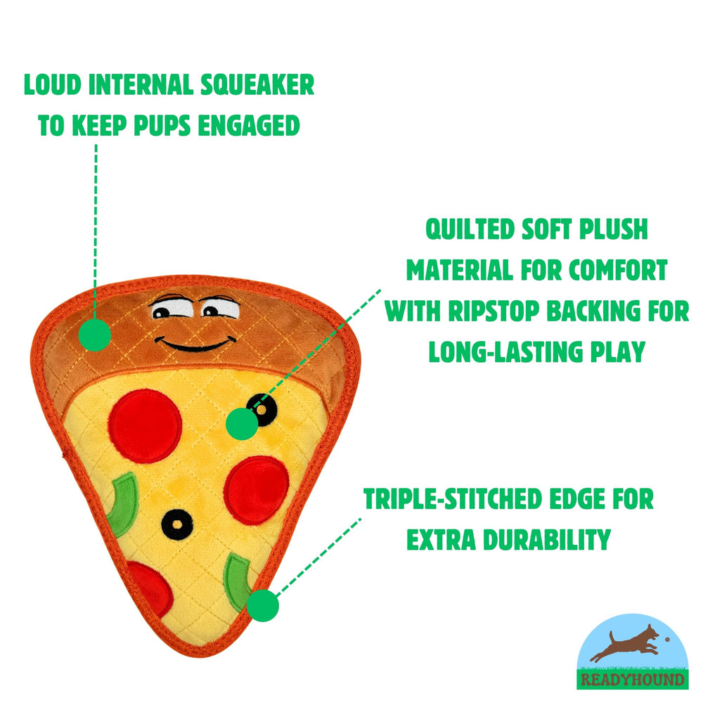 ReadyHound Pizza Dog Toy with squeaker inside engages dogs during active play.