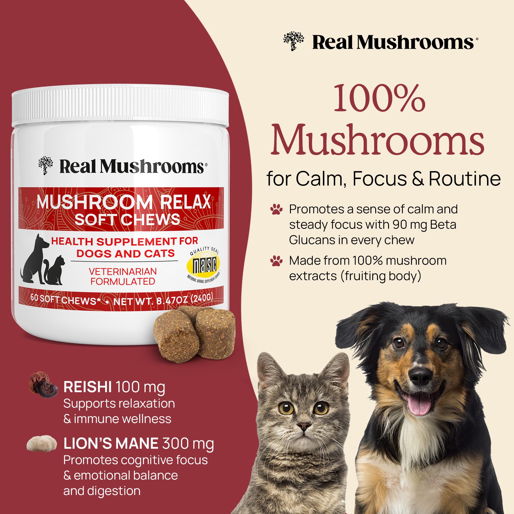 Real Mushrooms calming chews dog treat serve highlights easy daily use