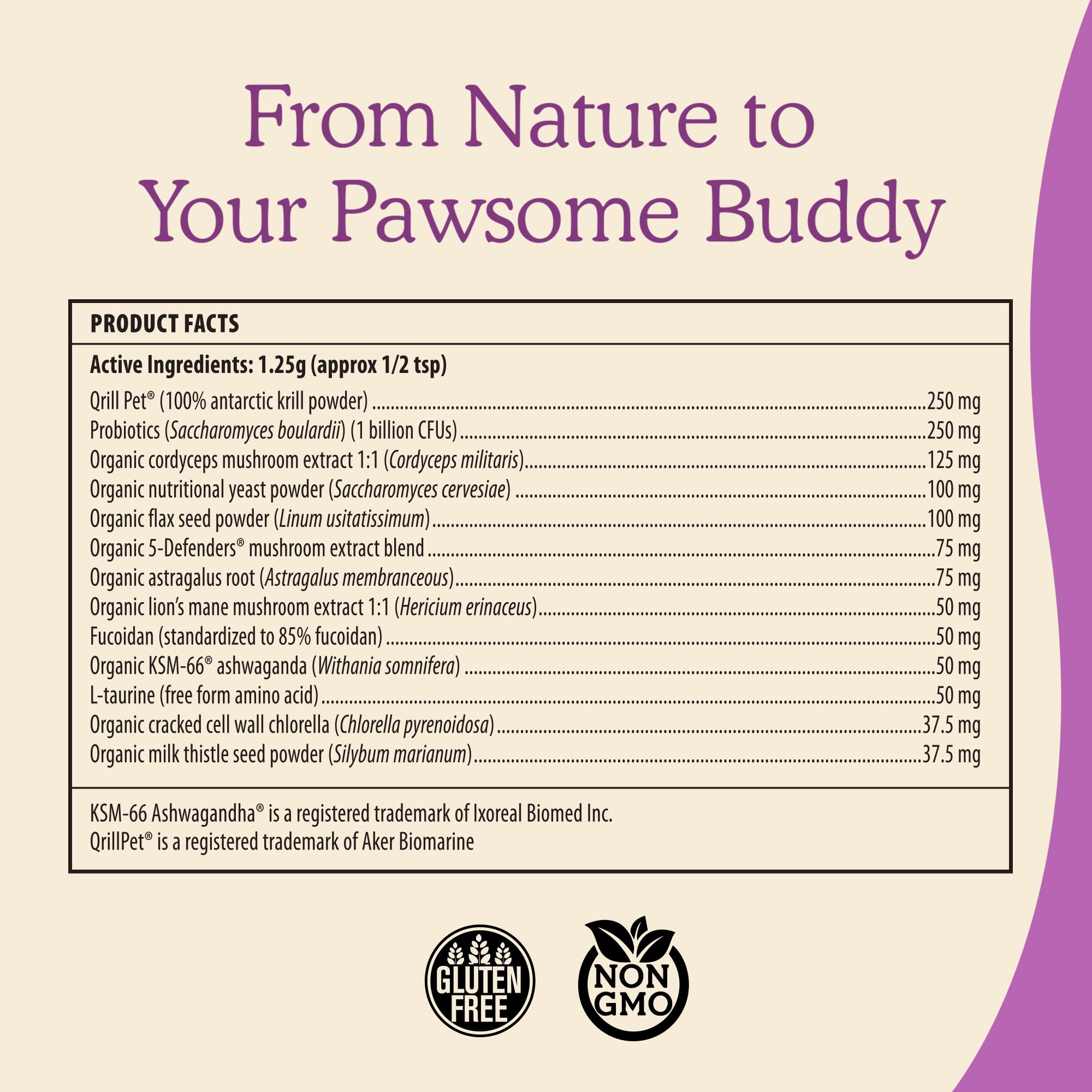 Real Mushrooms cat supplement powder contains ashwagandha for adaptogenic balance.