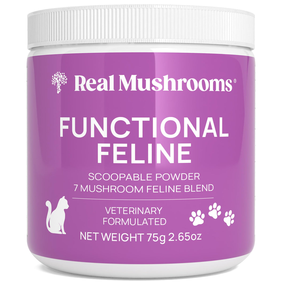 Real Mushrooms cat supplement powder bottle shows a grain-free feline wellness blend.
