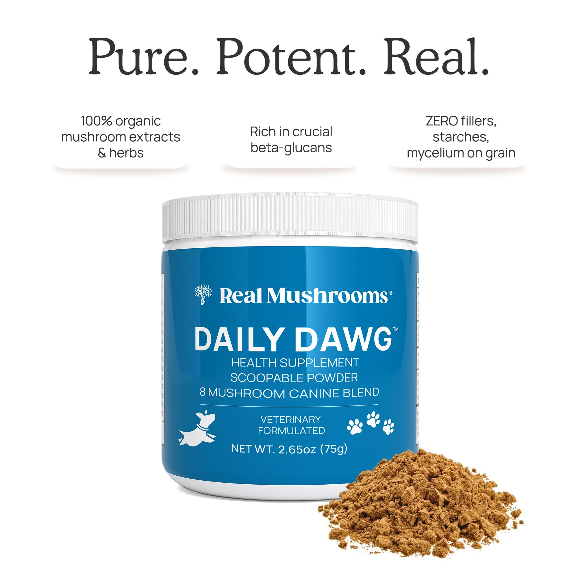 Real Mushrooms beta-glucan verified badge—potency and quality assurance.