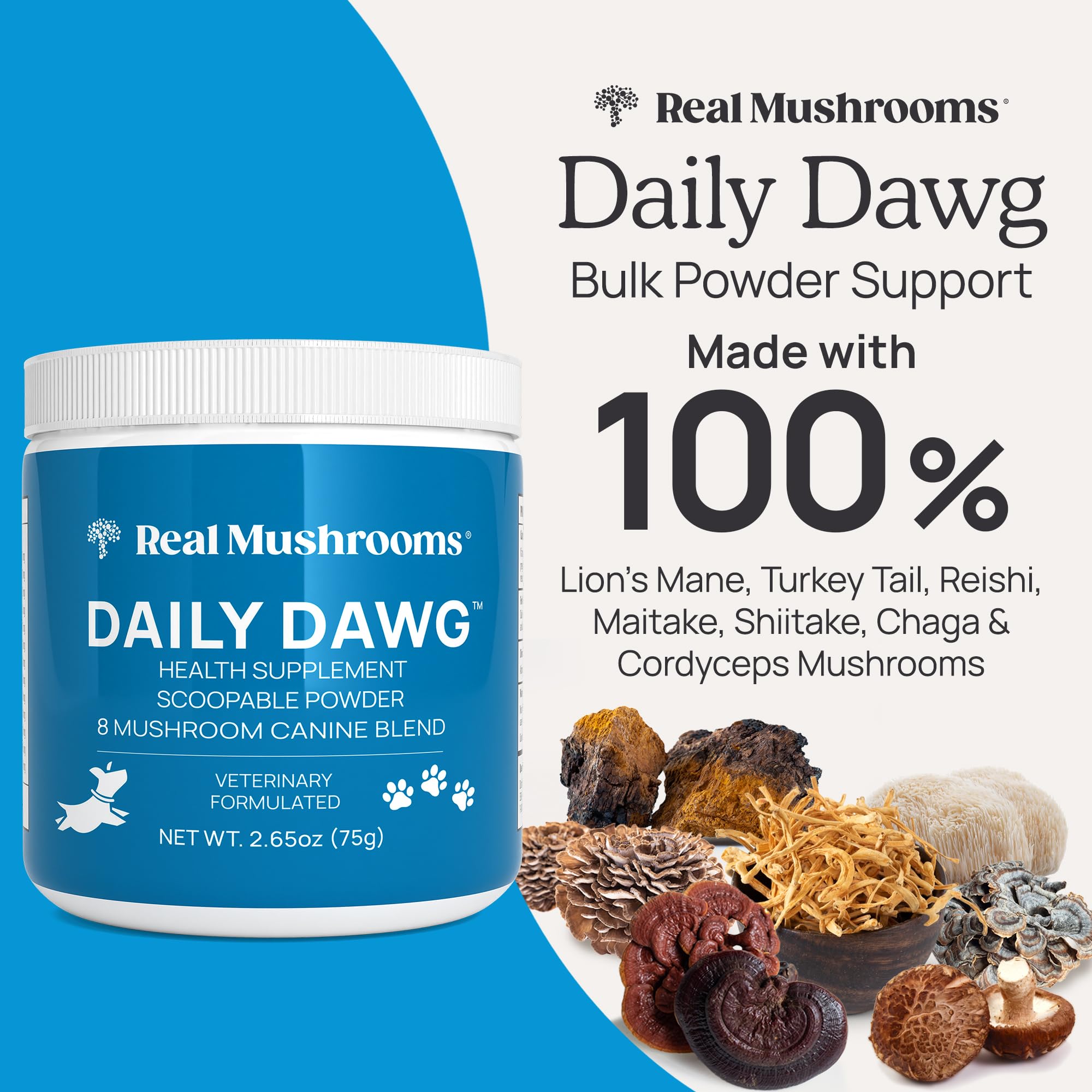 Real Mushrooms dog health measuring scoop—easy daily dosing for dogs.