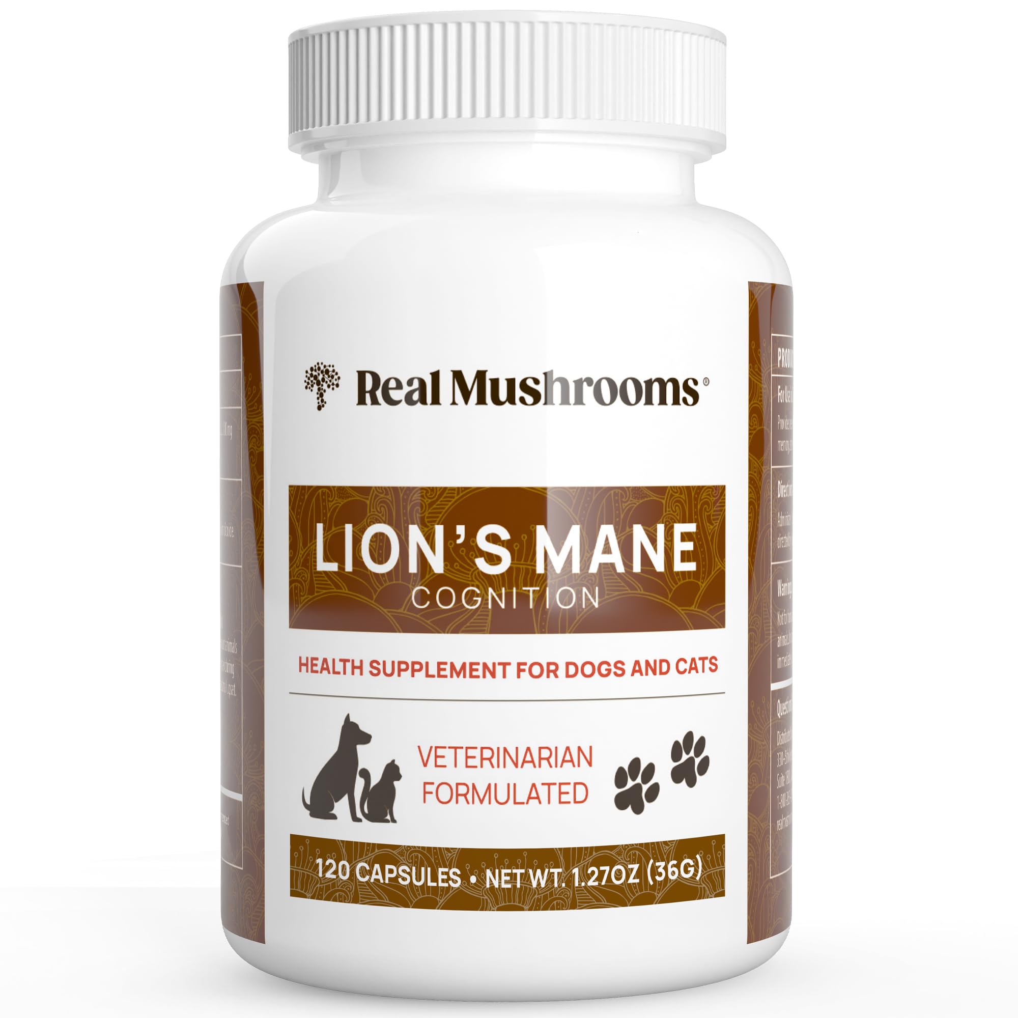 Real Mushrooms Lion’s Mane pet supplement bottle highlights organic, vegan ingredients for calm, alert pets.