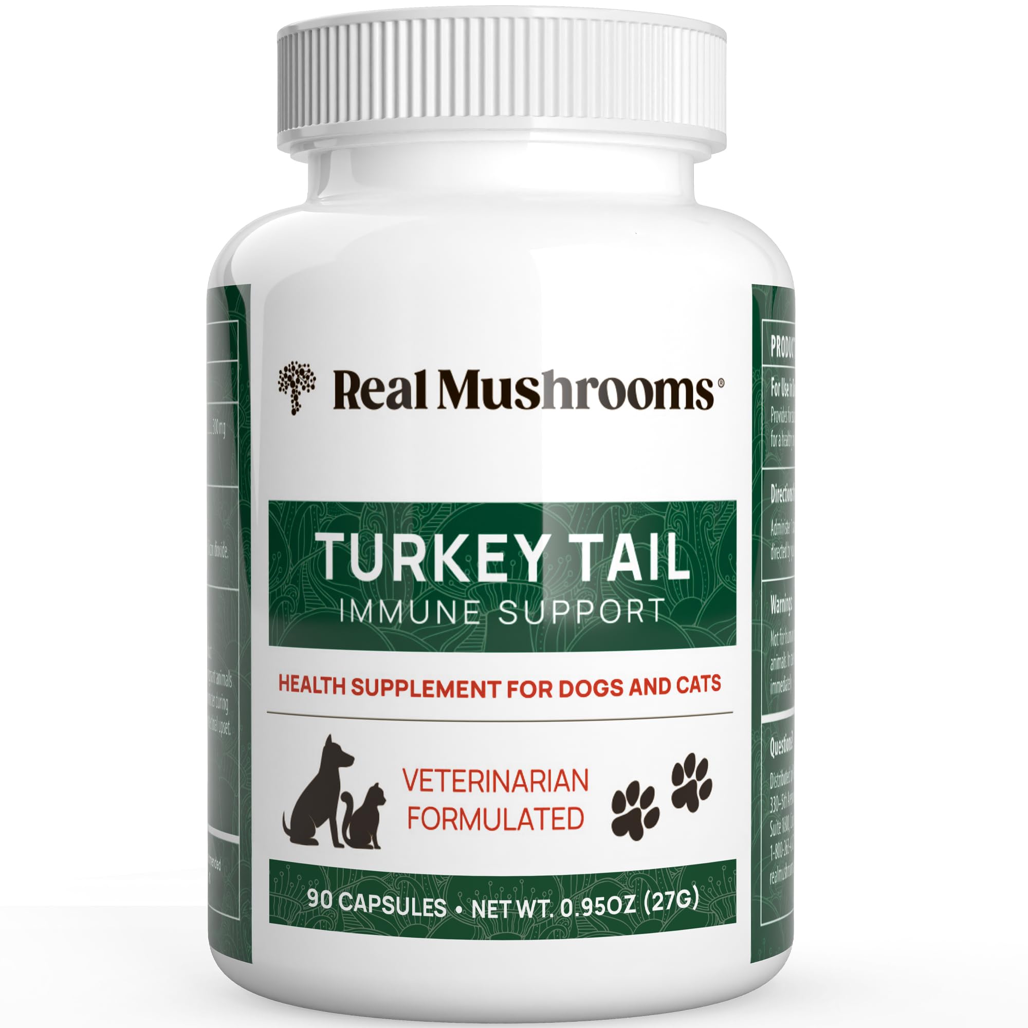 Real Mushrooms turkey tail capsules for pets bottle promotes easy daily supplementation for cats and dogs