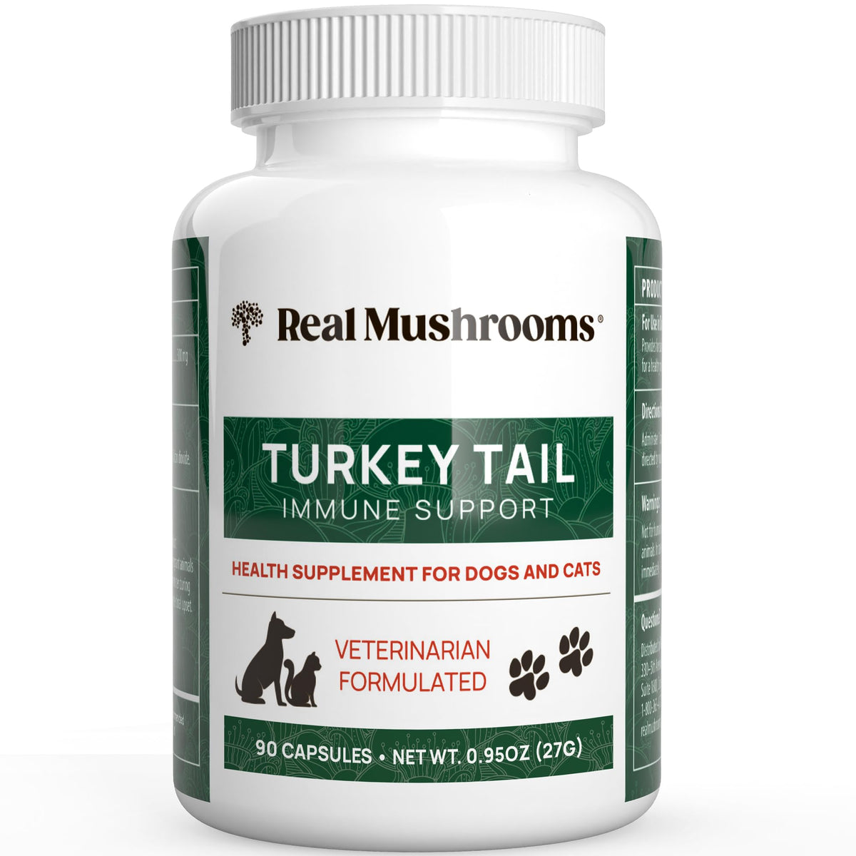 Real Mushrooms turkey tail capsules for pets bottle promotes easy daily supplementation for cats and dogs