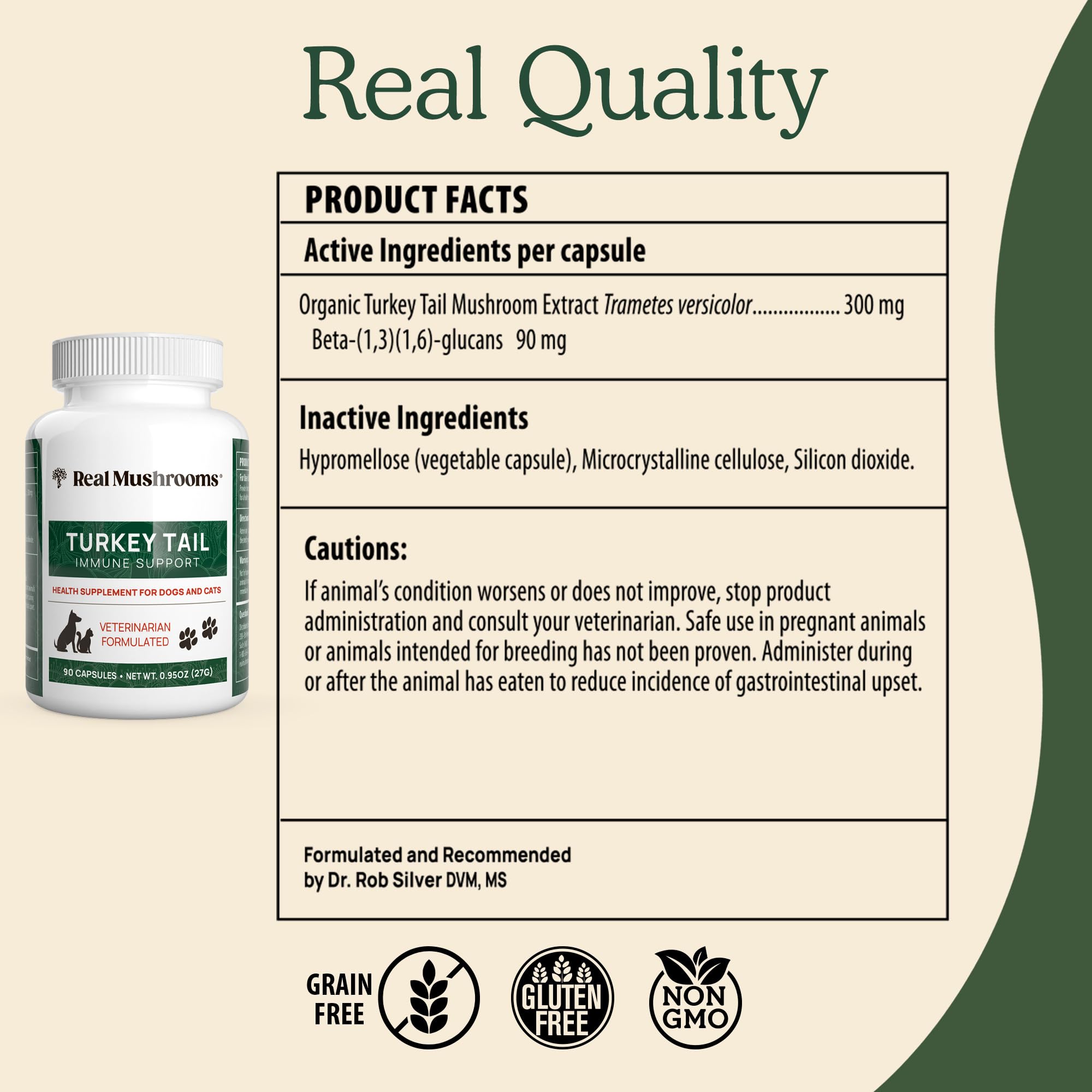 Real Mushrooms USA-made vet-reviewed bottle conveys trusted pet supplement formulation
