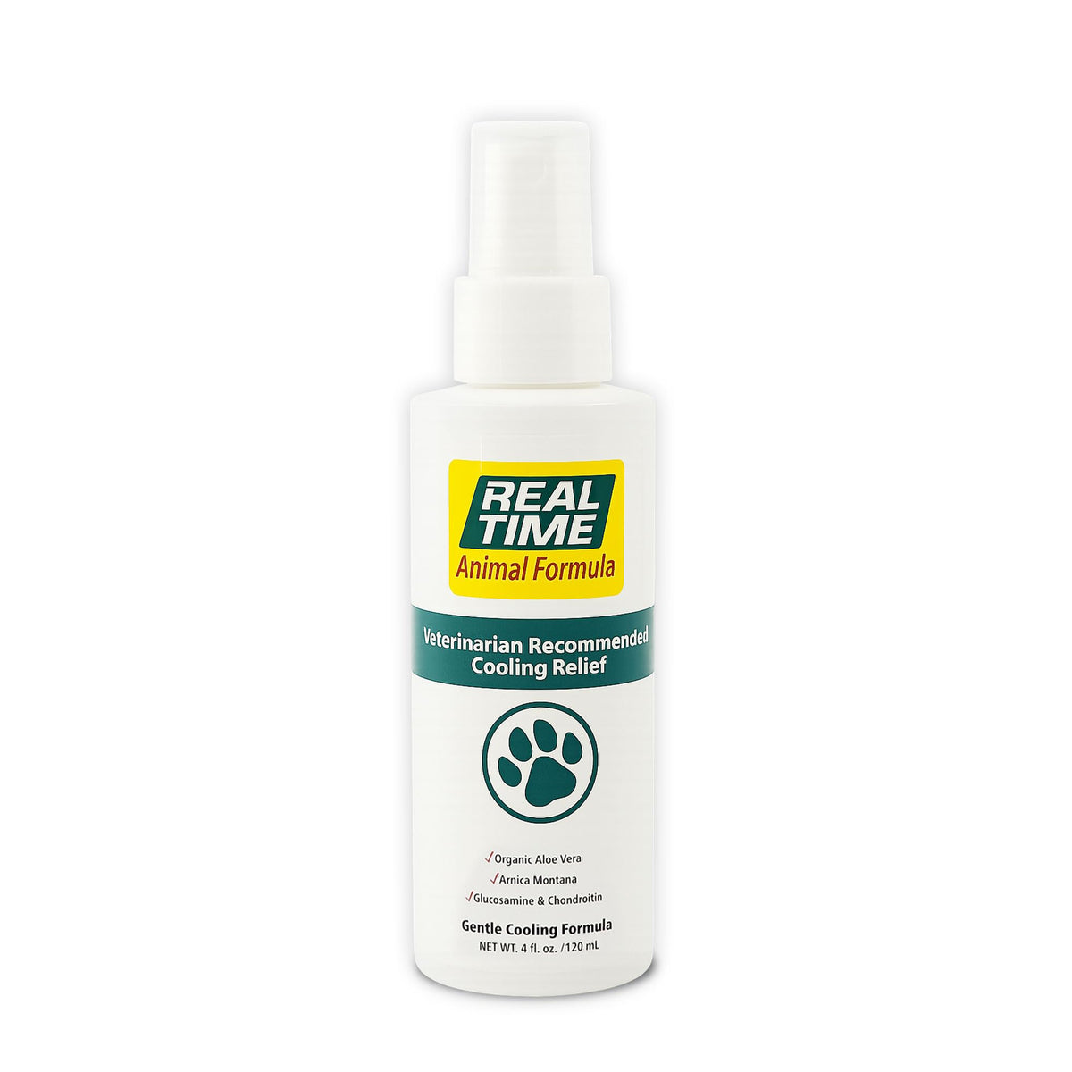 Real Time Pain Relief Pet Formula 4oz spray bottle demonstrates easy application for fast pet care.