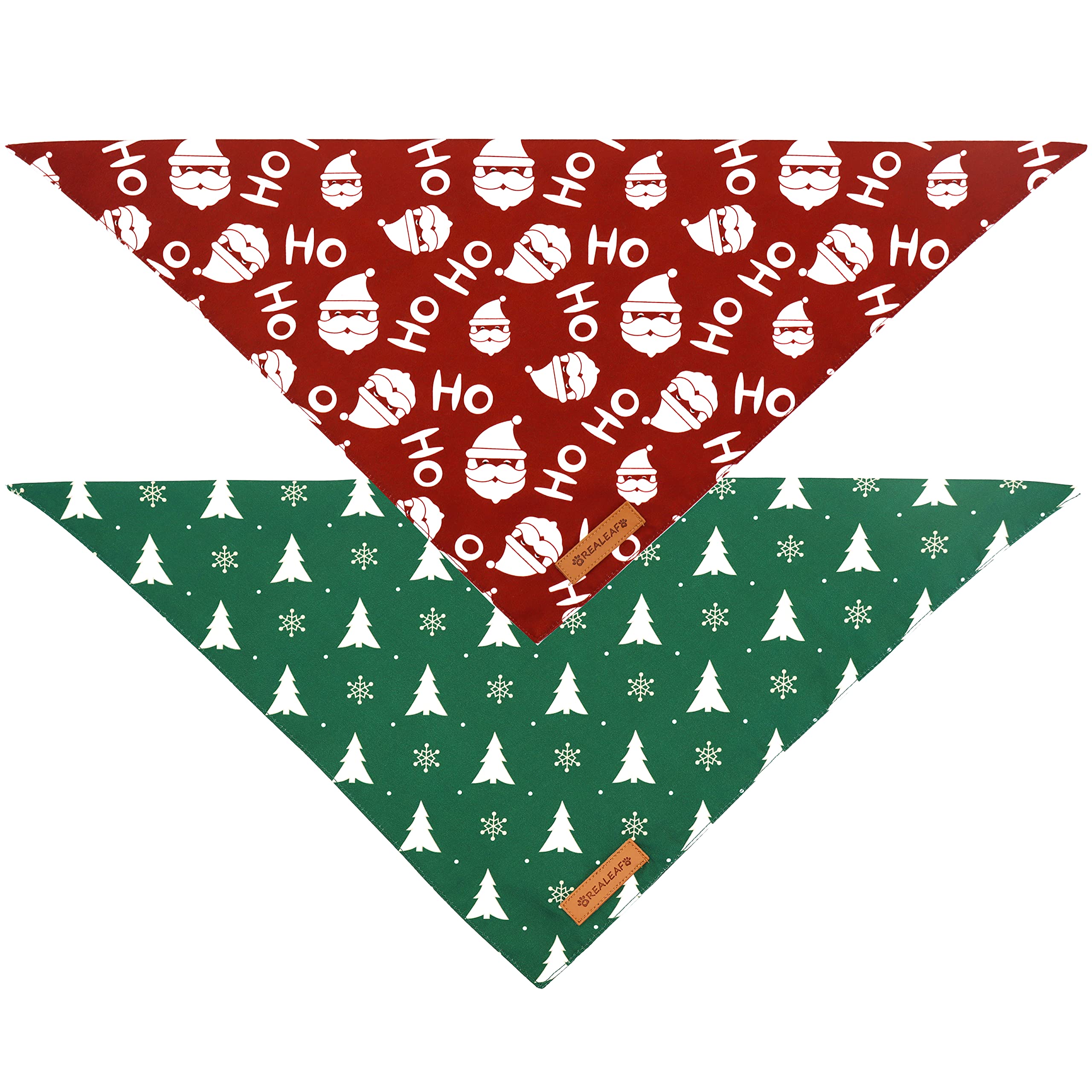 Realeaf Christmas dog bandana 2pack closeup highlights durable dual-layer soft fabric.