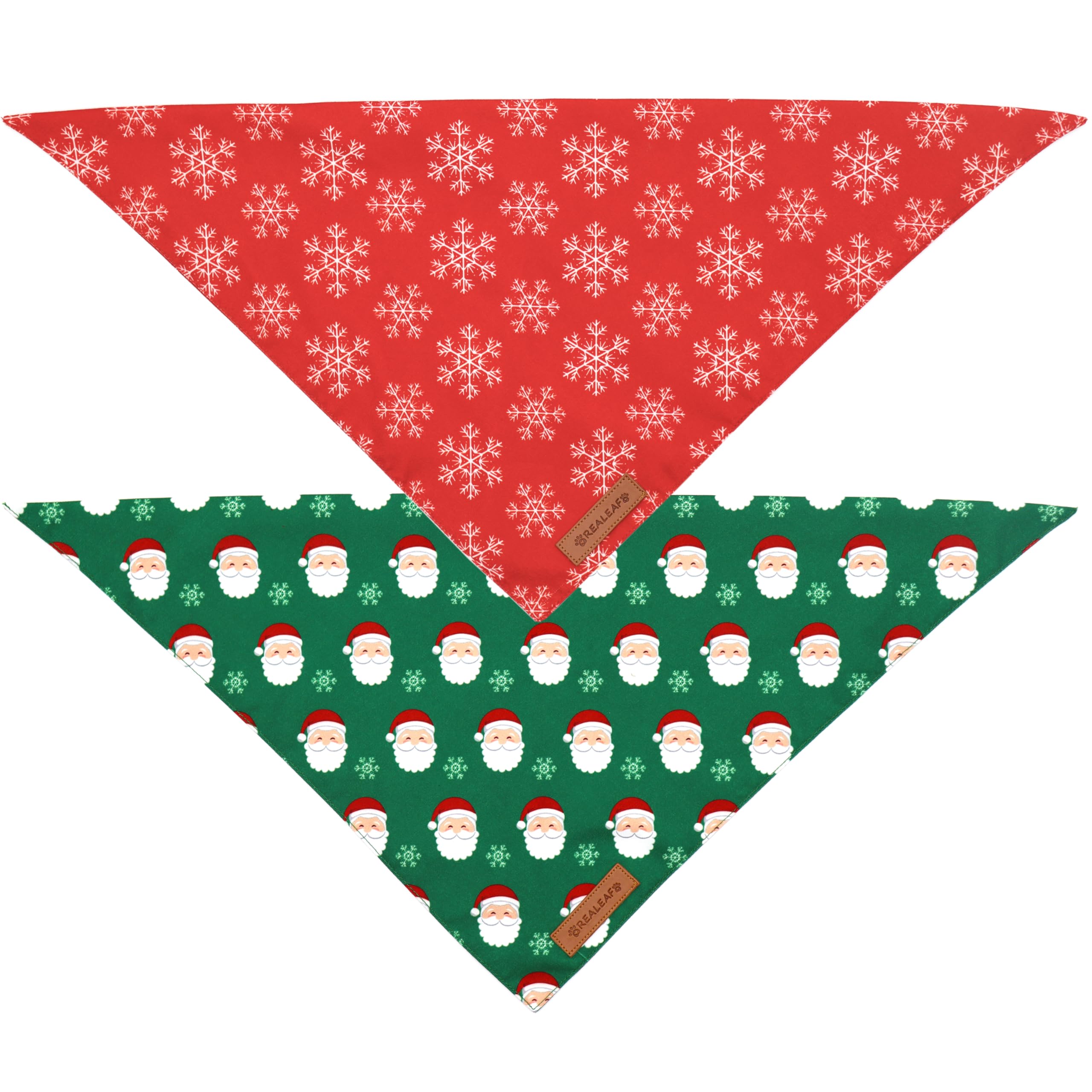 Realeaf Christmas dog bandana two-pack group shot demonstrates value and versatile sizing