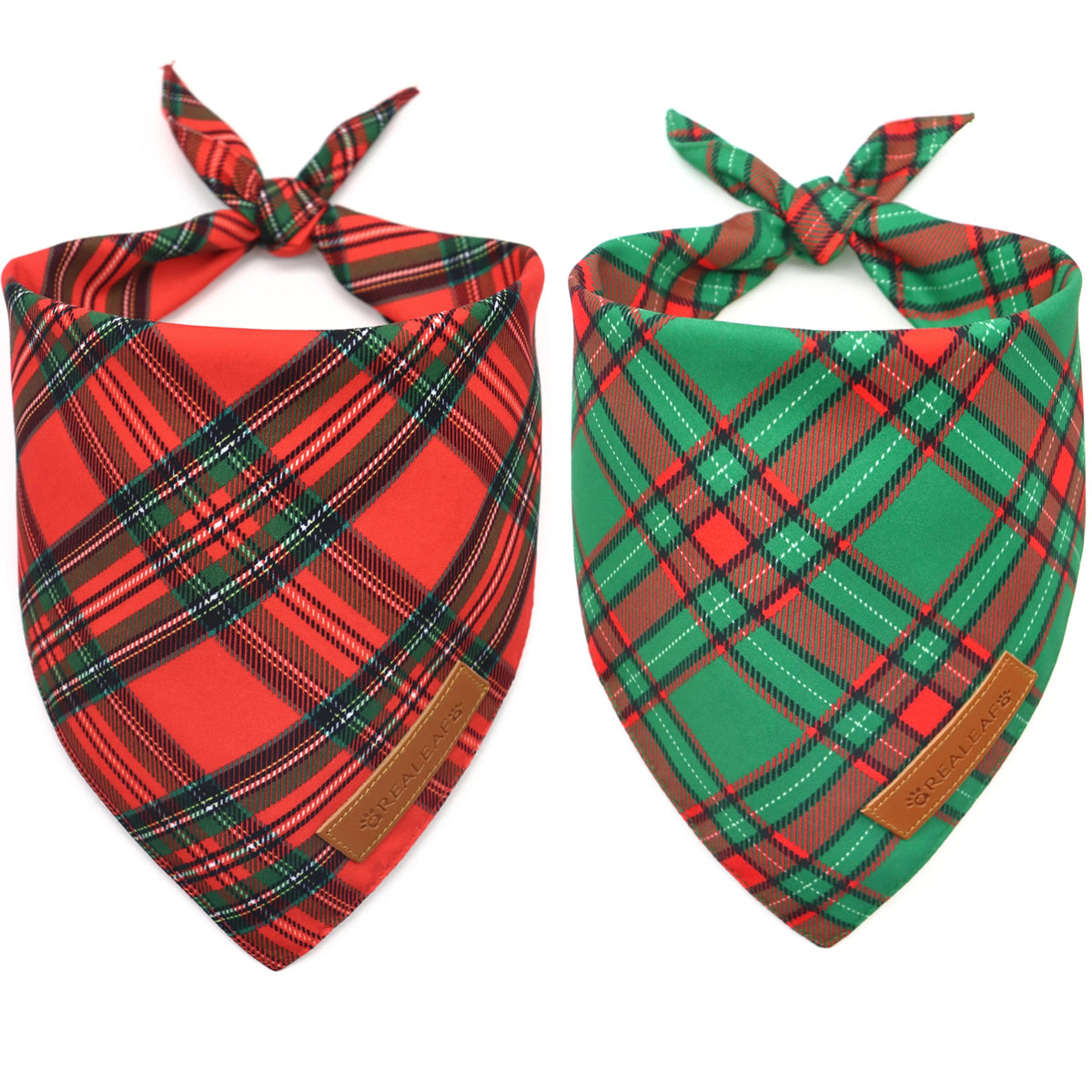 Realeaf Christmas dog bandanas front view showcases festive plaid for holiday photos