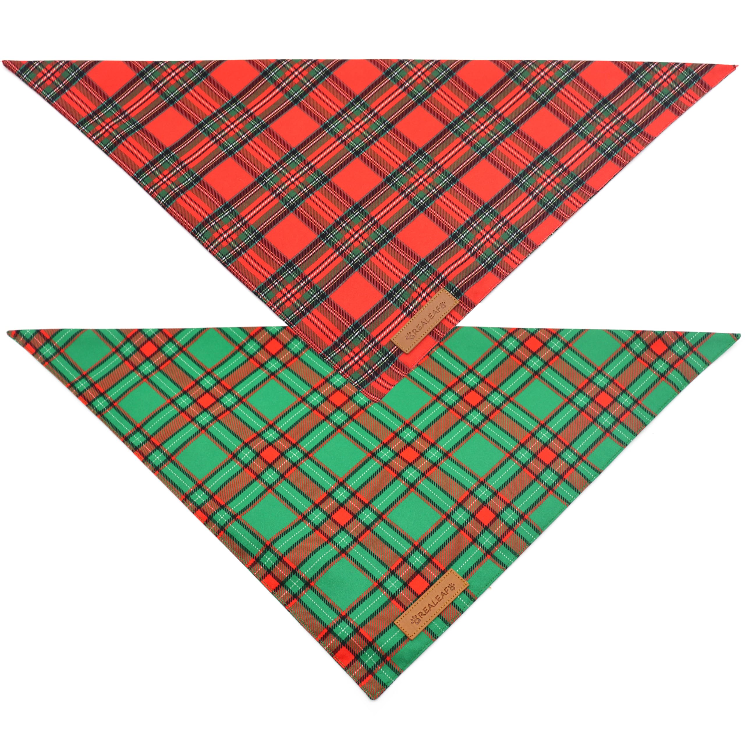 Realeaf dog bandana plaid closeup shows classic holiday pattern and texture