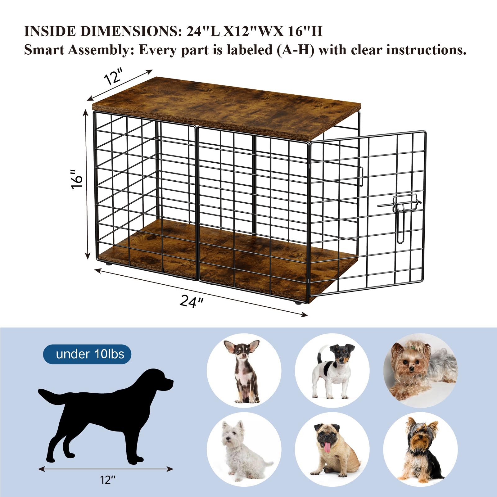 Rechgosh 24-inch dog crate storage top holds dog food and decor accessories.