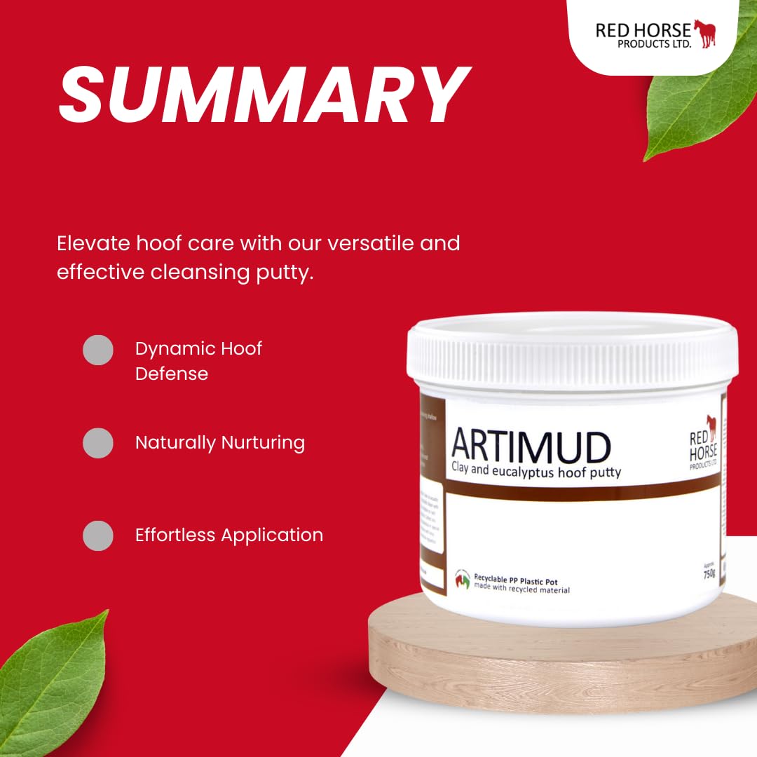 Red Horse Artimud jar and ingredients highlight natural formulation for sensitive hooves.