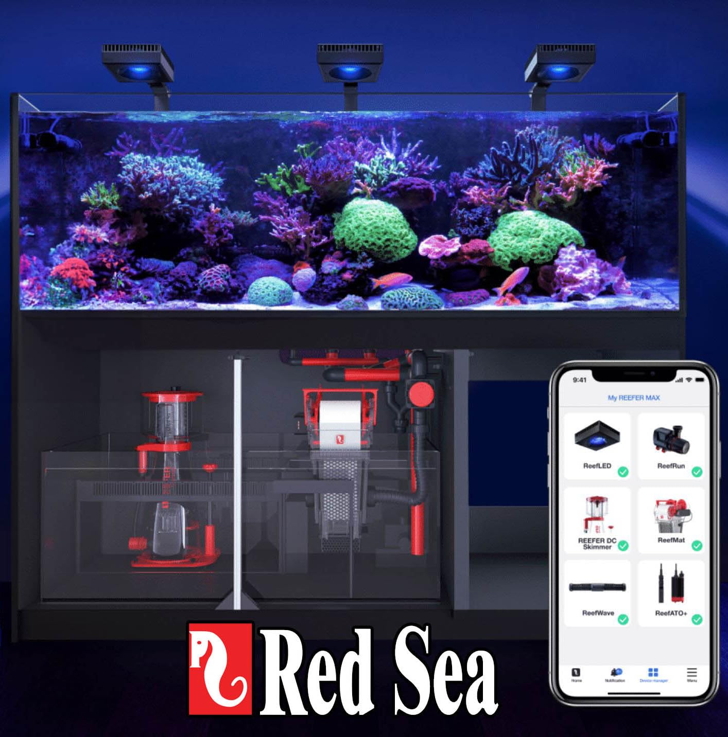 55-gallon Red Sea Coral Pro Reef Salt Mix pail in a setup scene