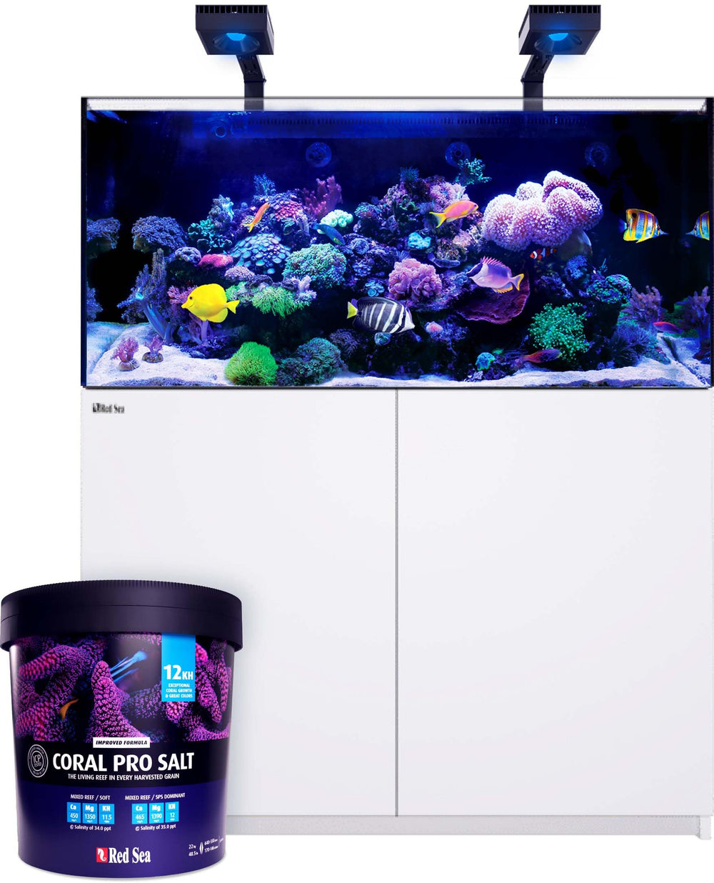 Closeup label on Red Sea Coral Pro reef salt bucket highlights essential minerals